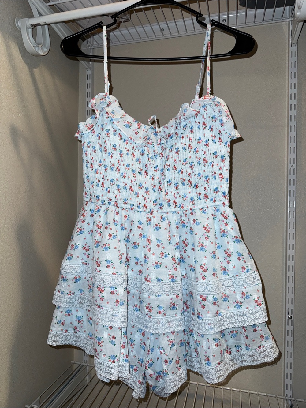 Altar'd State White Floral Smocked Romper with Blue & Pink Flowers